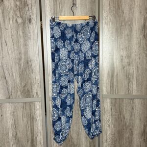 Lotus & Luna Pants Curve Smocked Waist Mandala Blue and White Boho Yoga